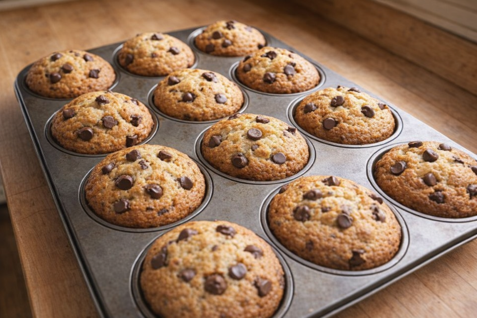 A high-angle shot of freshly baked bakery-style chocolate chip muffins, golden brown tops with visible chocolate chips, arranged in a muffin tin on a wooden surface, warm natural light